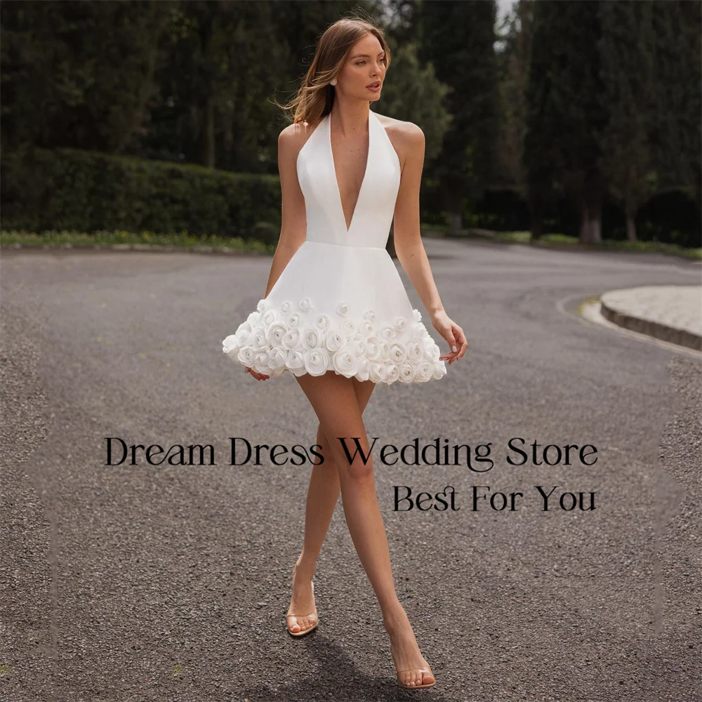 DREAM Flowers A-Line Short Wedding Dress Halter V-Neck Open Back Sleeveless Bridal Gown Vestido De Noiva Customized