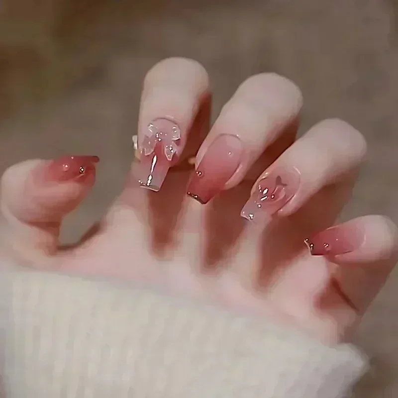 24 Uñas Postizas Negras con Moño, Bailarina, Desmontables, Cuadradas, Cobertura Completa 4