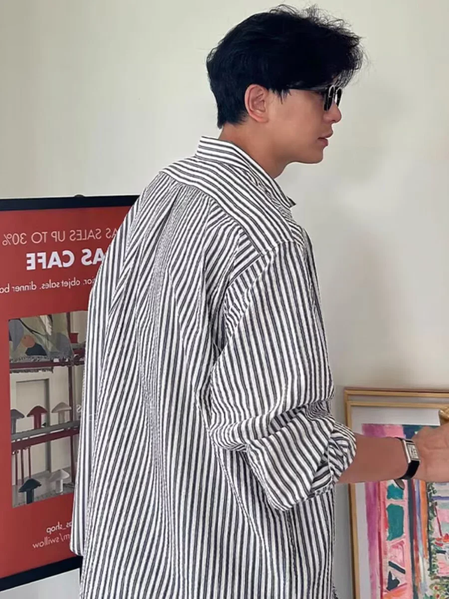 

American Retro Striped irt Men's Casual Long Sve Lightweight Maturi Sle y Trendy Button up Classic Fit