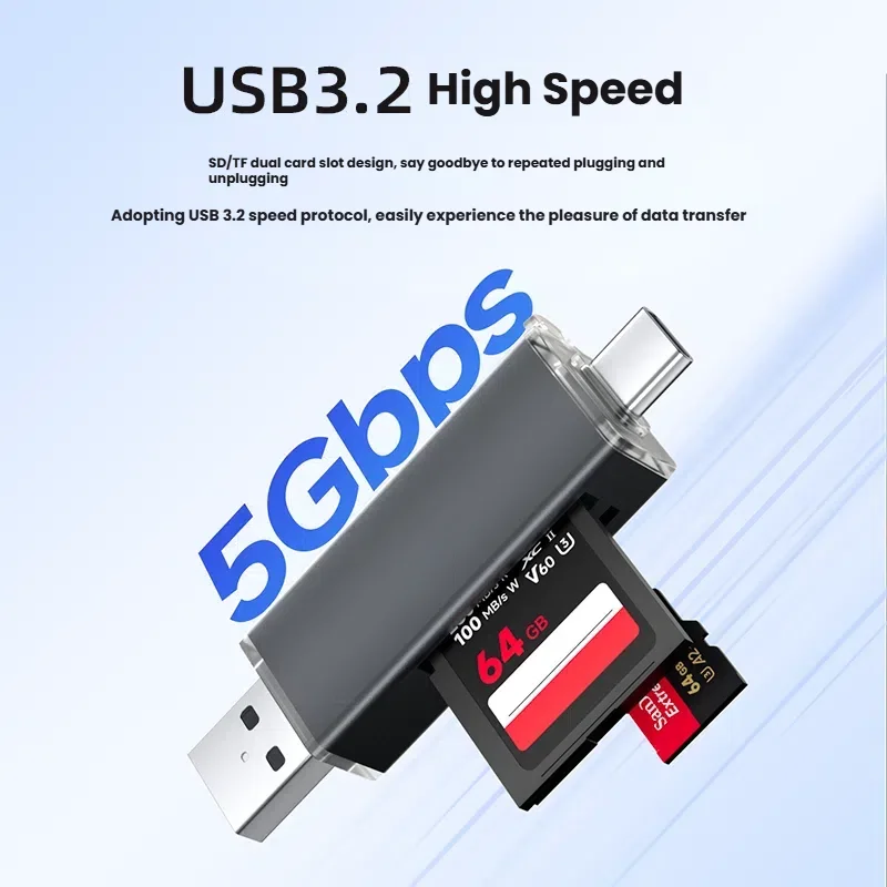 قارئ بطاقات USB 3.2 من النوع c متعدد الوظائف، بطاقة ذاكرة SD، محول بطاقة ذاكرة TF مناسب للتخزين في الهواتف المحمولة والكاميرا