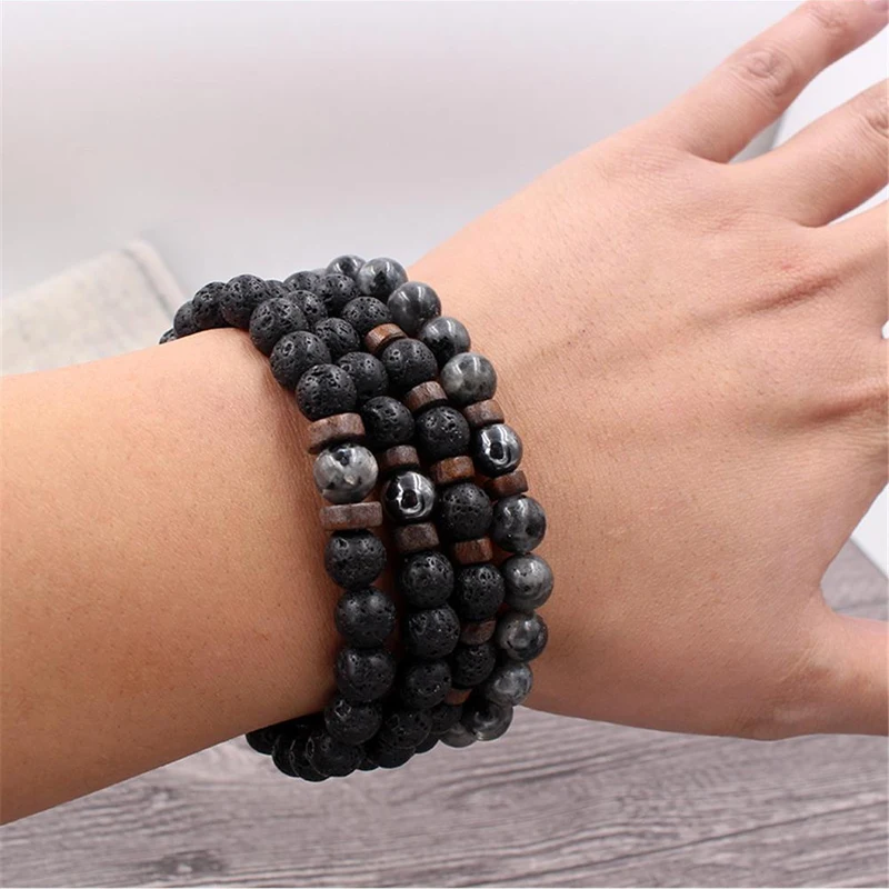 Imagen 6: Pulsera de Cuentas de Piedra Volcánica Elástica Hecha a Mano de 8 mm para Hombre, Joyería Tibetana con Cuentas de Madera y Buda