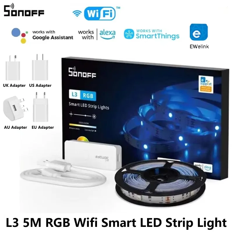 SONOFF L3 5M RGB Wifi Smart LED Strip Lights 16.4Ft Wireless Remote Voice Local Control Type C DC5V Adapter Smart Home