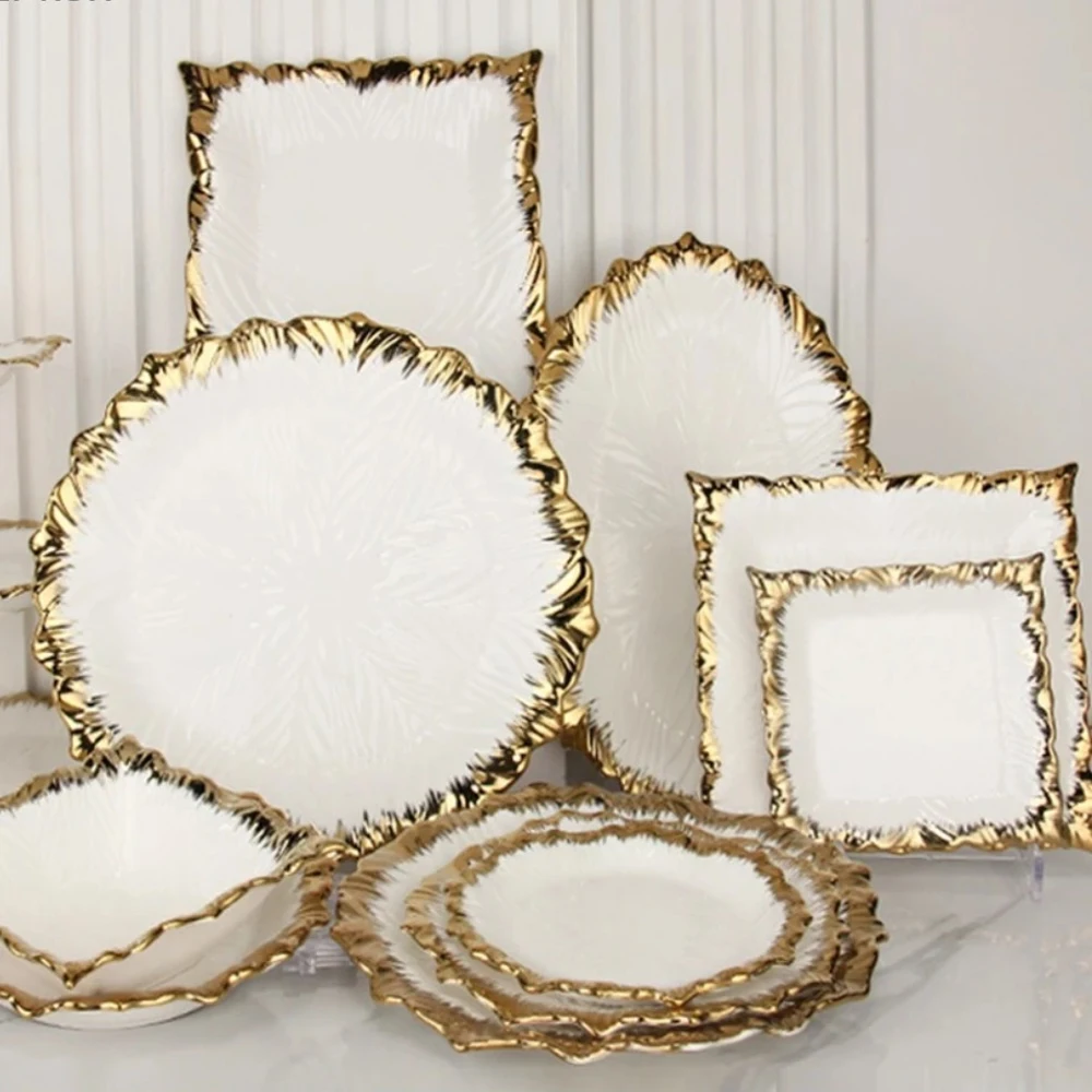 Golden Edged Ceramic Dining Plate Western Steak Plate Sushi Plates Dessert Bowl Sashimi Plates Fruit Dish Salad Bowl Soup Bowls