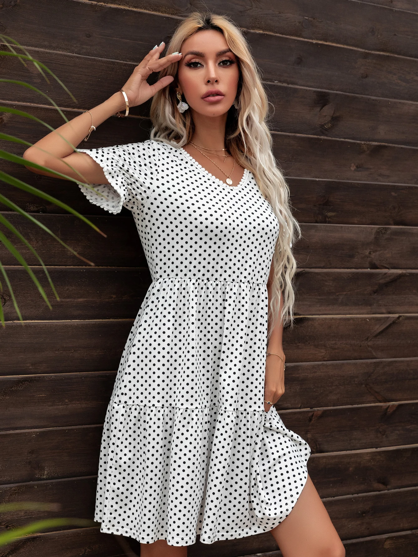 LEVACA Ruffle Hem abito a tunica a pois Summer Loose Fit Casual Boho per donna