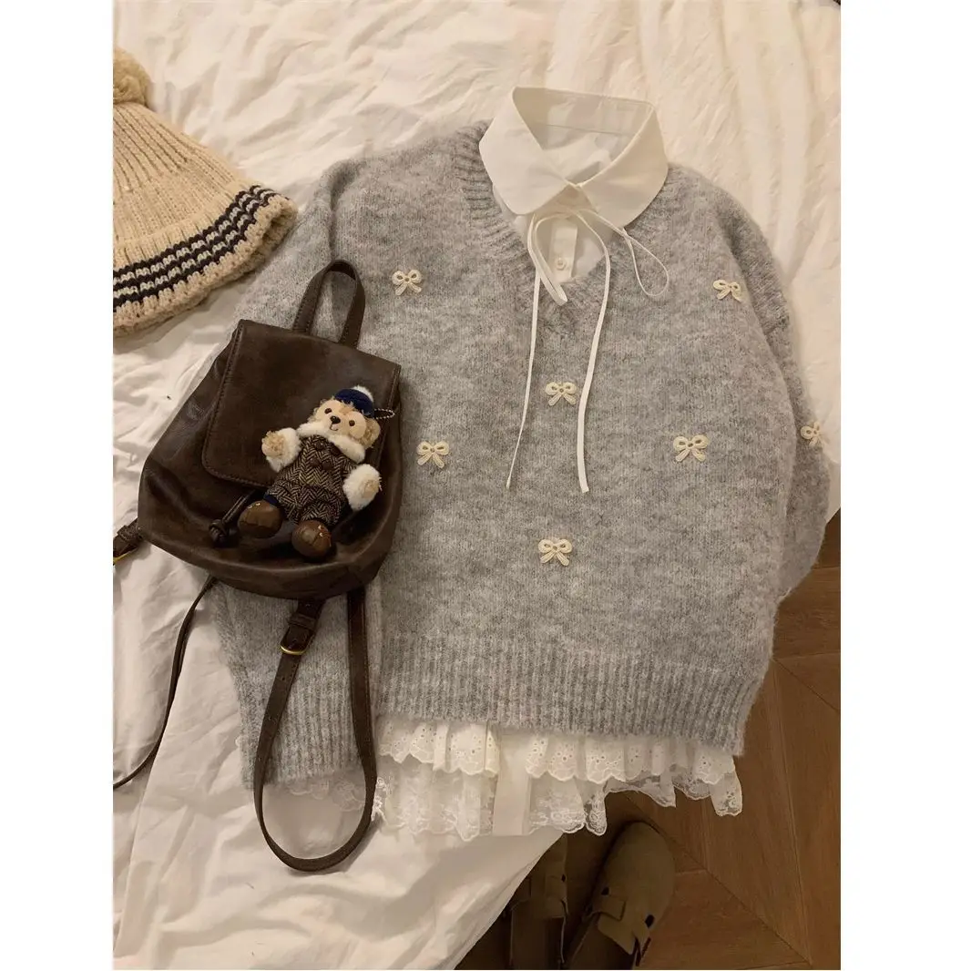 Maglieria da donna Soft Ey V-Ne Autunno Inverno Vestibilità ampia Comodo maglione con nodo Dolce top giapponese