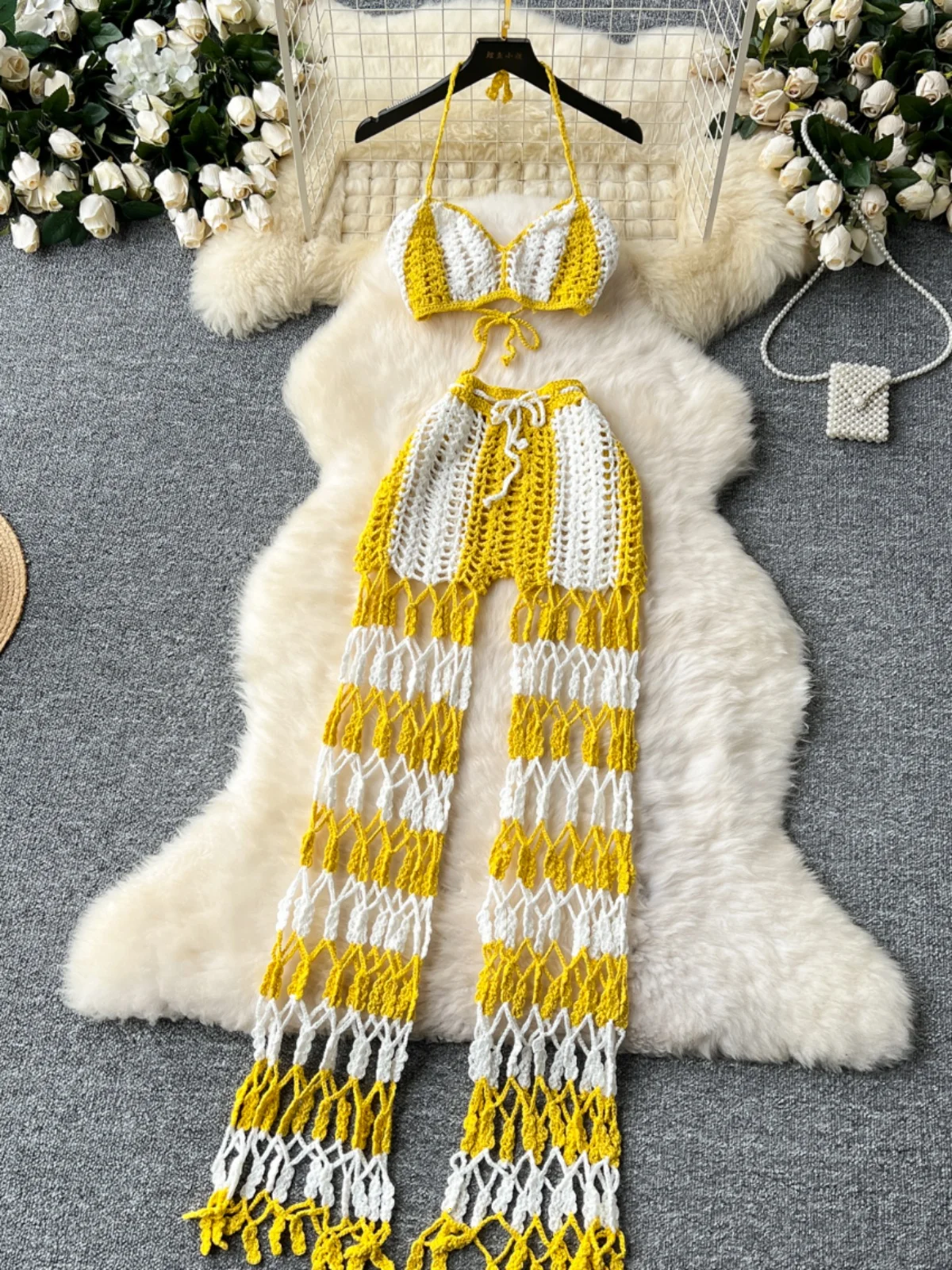 

Beach Vacation Knitted Set Women's Sexy Hollow out Strap Neck Hanging Long Pants Color Block Knitted Vest Summer Fashion