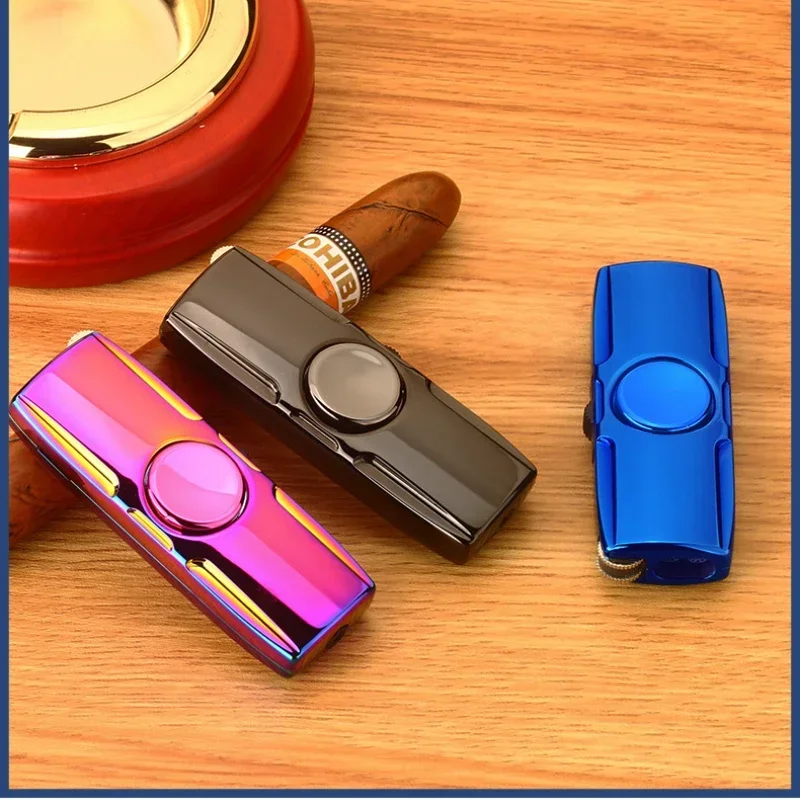 Metal Fidget Spinner Cool Lighter Windproof Blue Flame Nozzles Turbo Torch Jet Lighter Gas Butane Cigar Cigarette Spray Gun