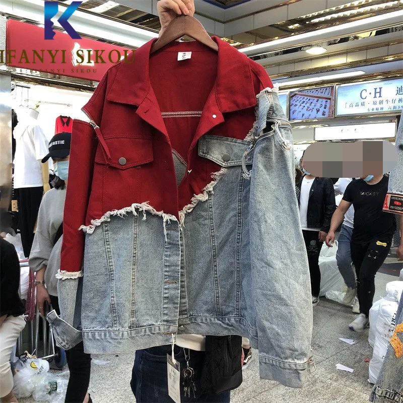 Red Spliced Ripped Denim Jacket Women Pocket Lapel Tassel Fashion Patchwork Jeans Jacket Spring Autumn Loose Jeans Coat Female