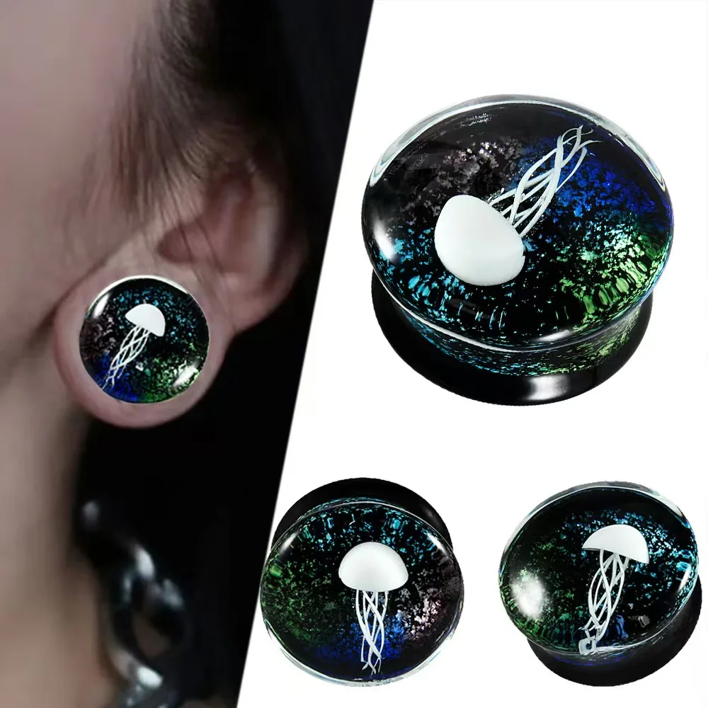 

2PCS Four Color Foil &White Jellyfish Glass Plugs Saddle Solid Flared Expansion Ear Gauge Strenghed Piercing Jewelry