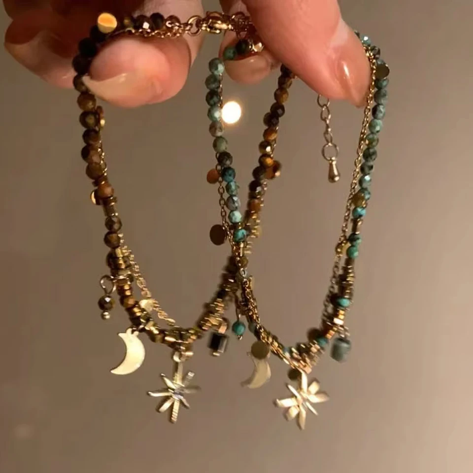 ZAKOL Pulseras de cuentas de doble capa de piedra natural vintage para mujer, pulseras con colgante de estrella a la moda, regalos de joyería con encanto Y2K