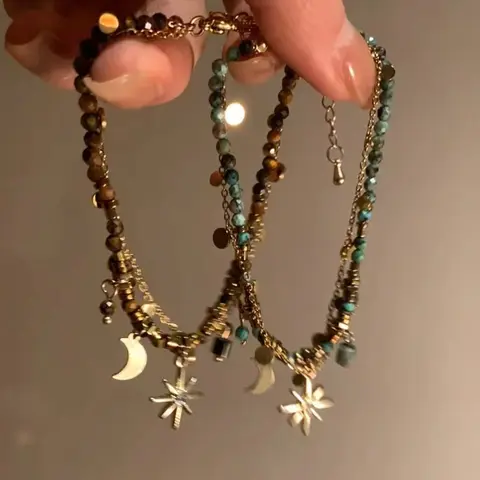 ZAKOL Vintage Natural Stone Double Layered Beads Bracelets for Women Fashion Star Pendant Bracelets Y2K Charm Jewelry Gifts