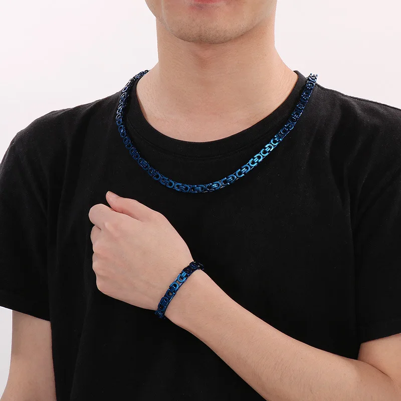 Plated Blue Jewelry Set Flat King Byzantine Chain Stainless Steel Necklace Bracelet 8mm wide 26inch + 8.26inch