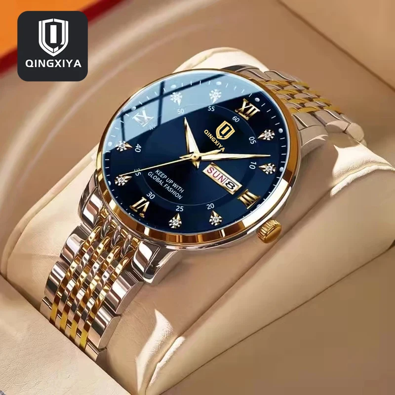 

QINGXIYA Business Mens Watches Top Brand Luxury Stainless Steel Quartz Watch for Men Waterproof Luminous Week Date Wristwatch