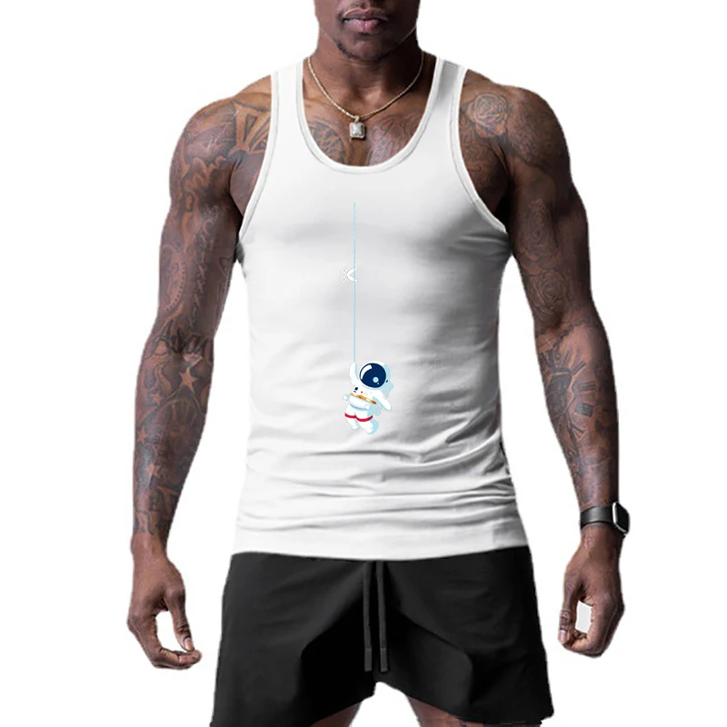 

Gyms Fitness Sleeveless Mesh Quick Dry Bodybuilding Muscle Tank Tops Men's Casual Fashion Space Astronaut Funny Print T-Shirts