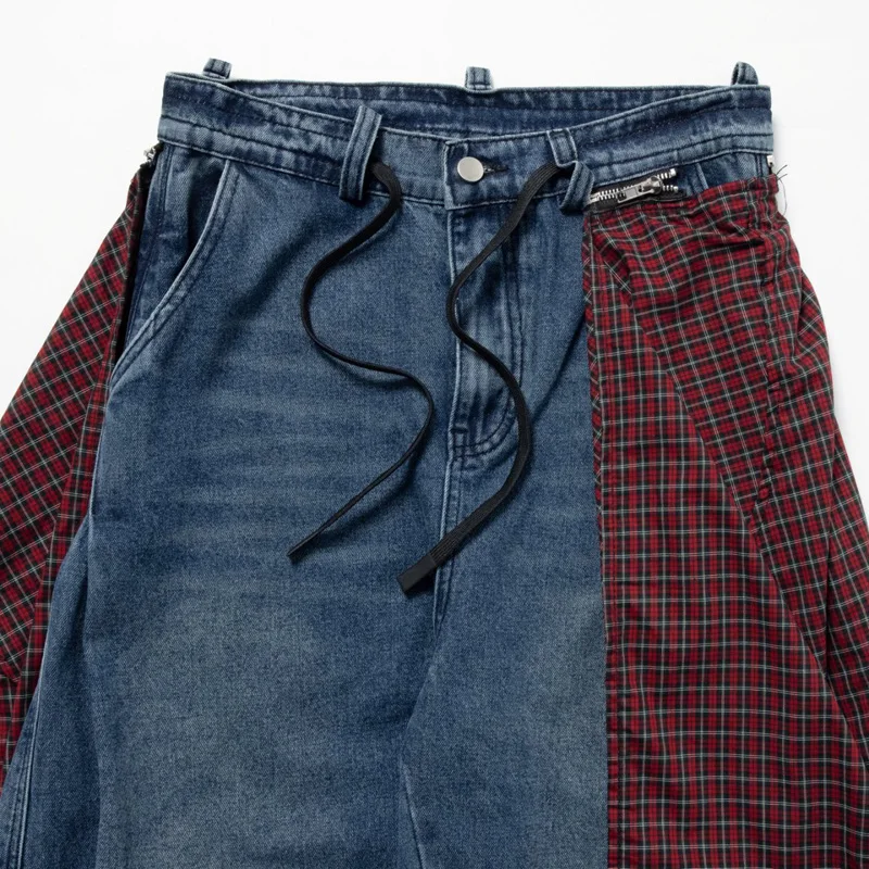 남녀 공용 탈부착 가능한 체크무늬 스커트 스트리트웨어 패션 힙합 루즈 캐주얼 데님 카고 바지 유니섹스 바지