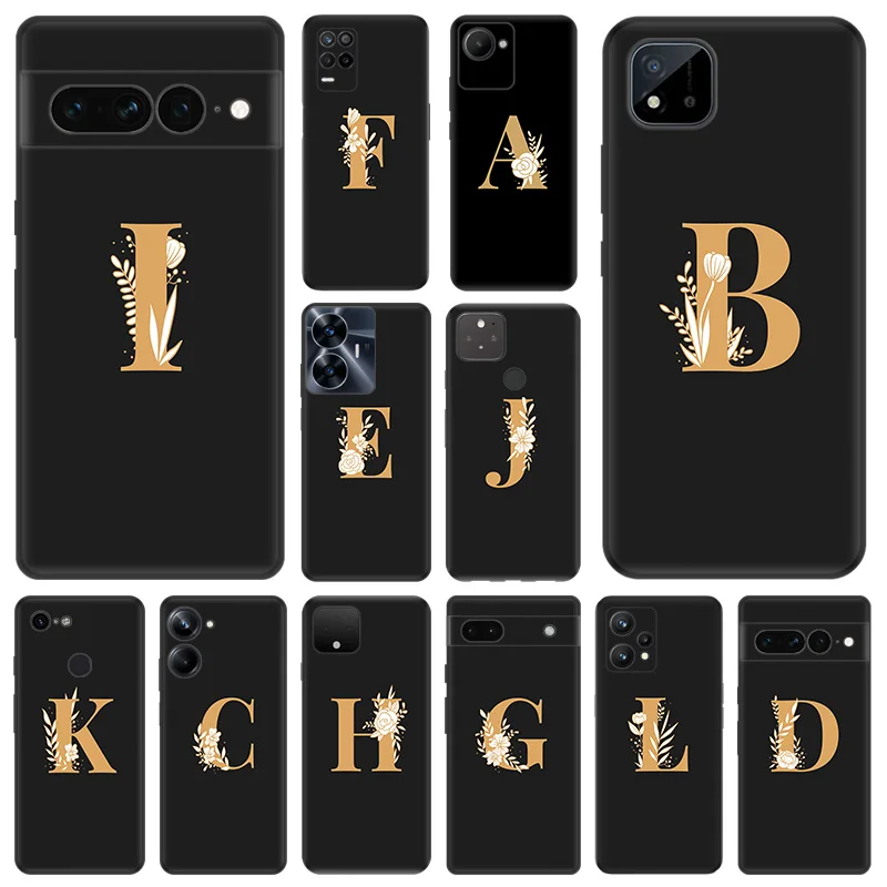 Matte Phone Case for Pixel 8 8a 7 7a 6 6a Moto Edge 20 30 40 Pro OneFusion G200 A-L Golden Flower Letters Soft Black Cover