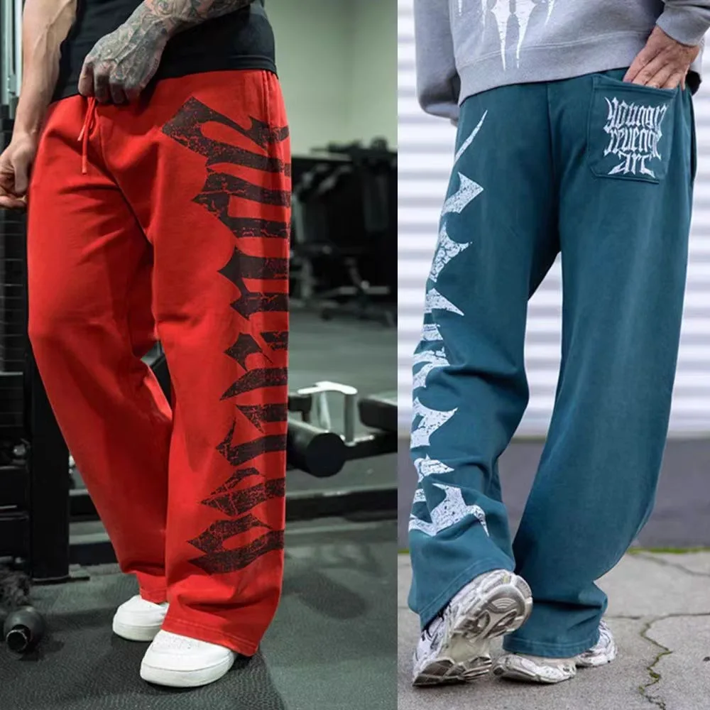 Celana Olahraga Muda Pria Longgar Merek Fashion Amerika Kaki Lebar Kaki Lurus Kebugaran Otot Jerking Semuanya Celana Pel
