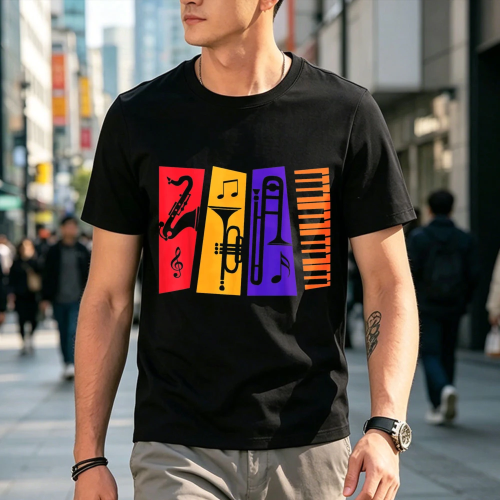Jazz Instrument Saxophone Trumpet Piano Color Block T Shirt Men Band Music Print Tee Cotton Short Sleeve Brass Musician Tops