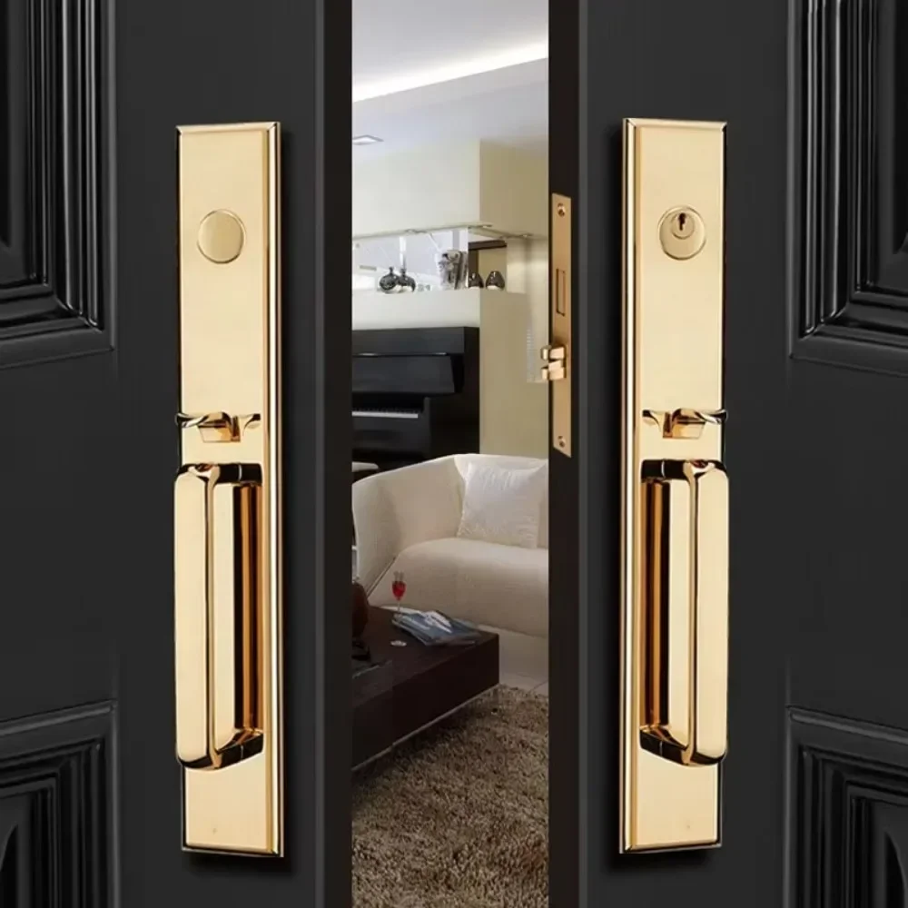 European style villa entrance hall 24k gold lock pure copper double pull safe solid wood door handle set