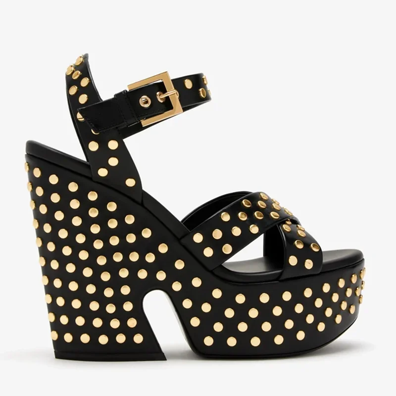 

Gold Metal Rivet Platfrom Leather Sandals Sexy Round Toe Mixed Colors Accept Customized New Arrivals Fashion Women Modern Shoes