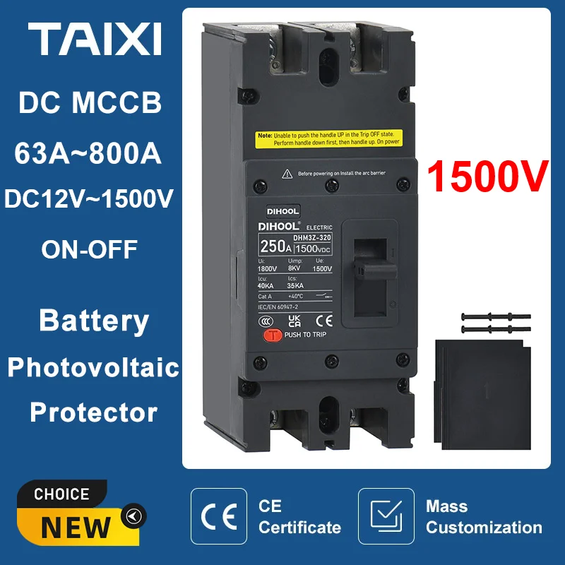 

DC MCCB Molded Case Circuit Breaker 2P 1500V 100A 200A 250A 400A 630A 800A Battery Photovoltaic System Protector