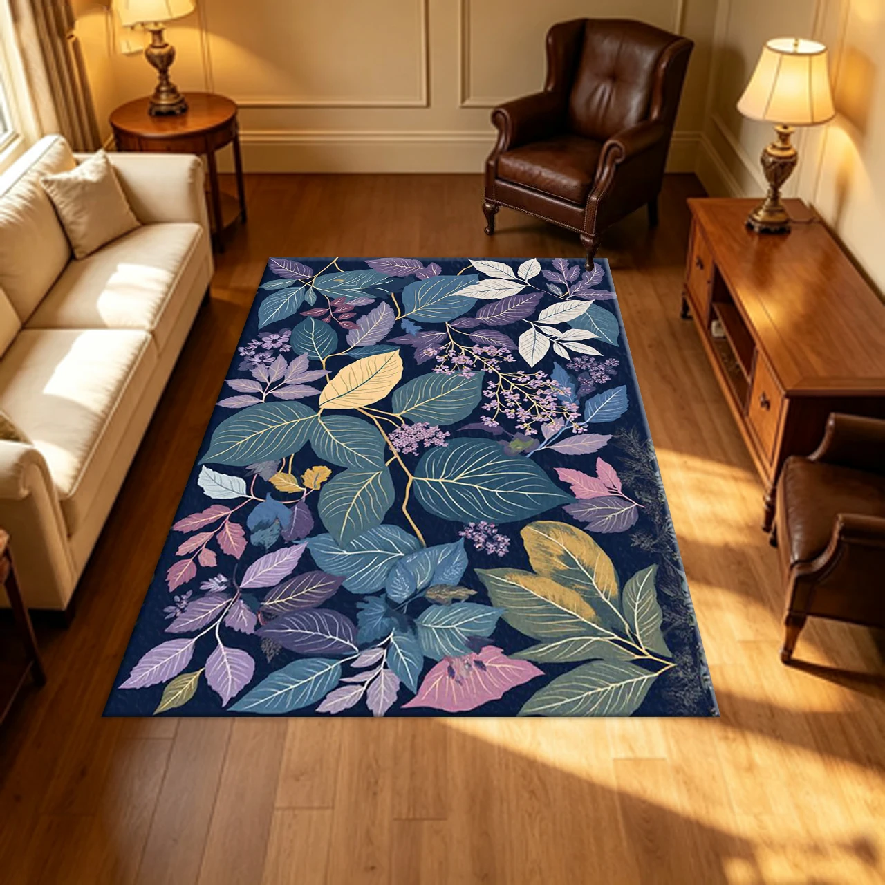 Dark Background Multicolor Autumn Leaf Botanical Carpet Flooring Art Style Household Indoor Decor Area Rug