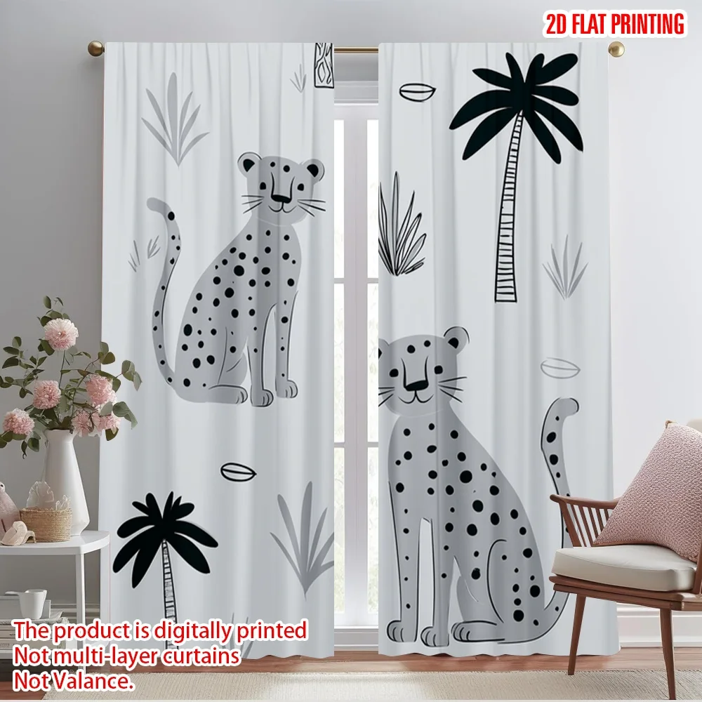 

2pcs 2D flat printing Curtains Cute Leopard Palm Tree Jungle Polyester Without Electricity 0 Perfect for Entryway Room Parties
