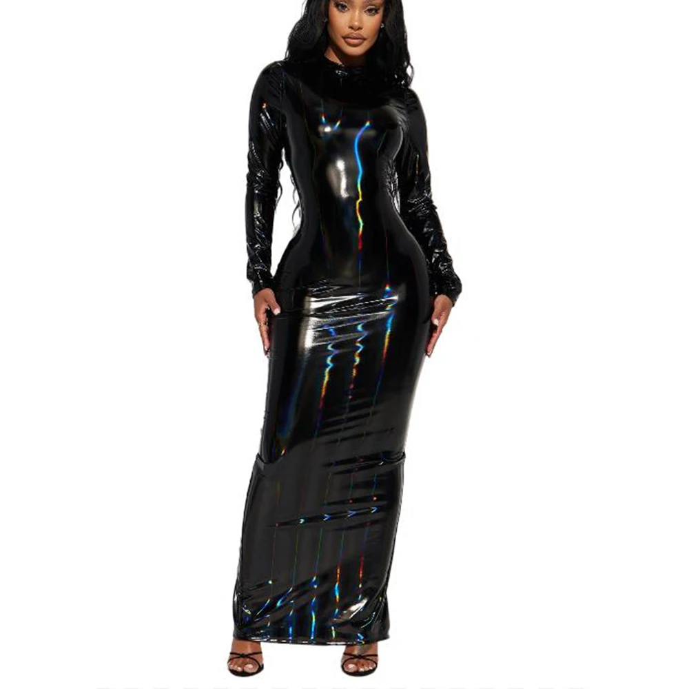 Women's Shiny PVC Leather Hobble Dress, Sexy Long Sleeve Sheath Dress, Back  Split Bodycon, Maxi Dress, Party Club, Evening, 7XL - AliExpress 200000345
