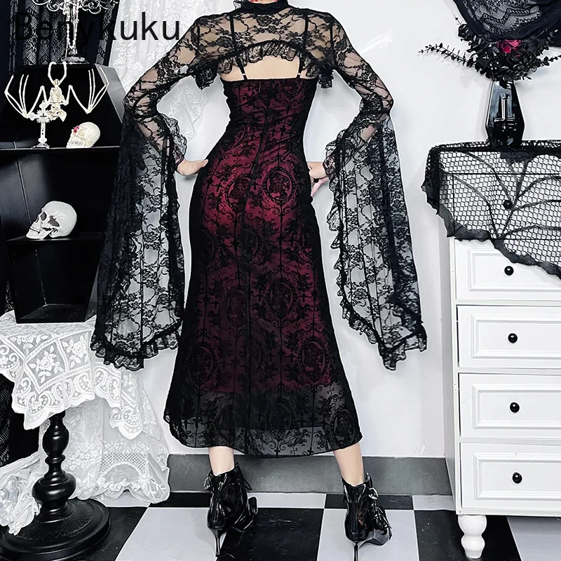 المرأة القوطية عبر يتدفقون حبال فستان ذيل السمكة ، فساتين طويلة المخملية ، الكتف البارد ، حزام السباغيتي مثير ، حفل زفاف ، الرجعية