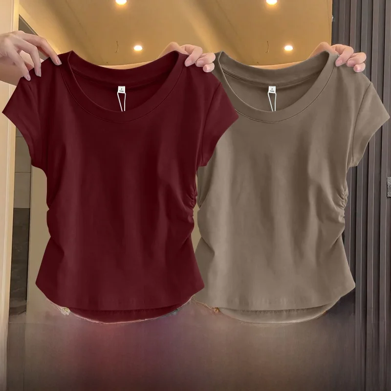 

Slim Fit ort Sve T-irt Women's 2025 New Summer Ele Waist-Cinching Design Color Versatile Body-a Top