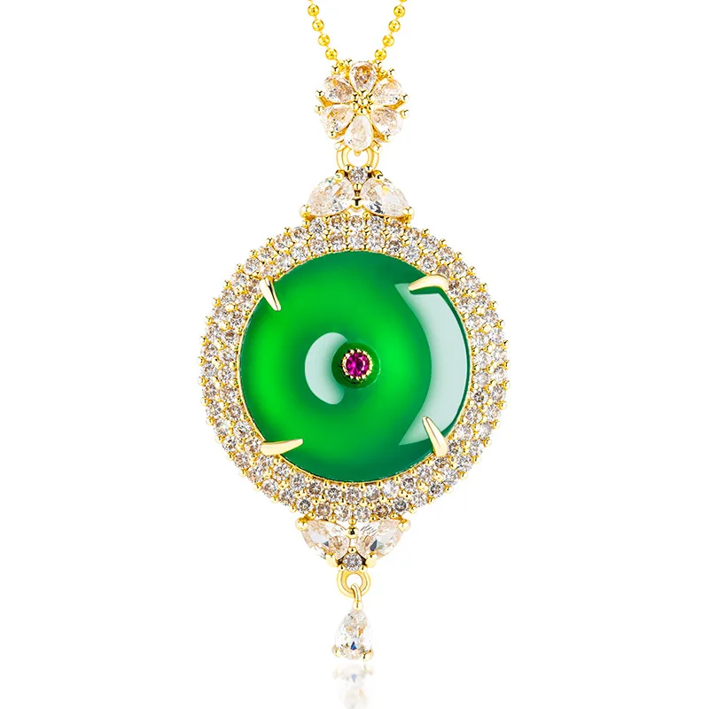 Green Real Jade Donut Pendant Necklace Talismans Fashion Choker Natural Jewelry 18K Gold Plated Luxury Chain Accessories Man