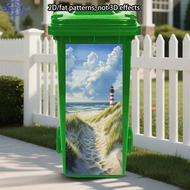 2D 1PCBeach Path Trash Can Sticker, Coastal Lighthouse Self-Adhesive Art Stickers, Sandy Dunes Trash Can Decal Ocean Scenery H