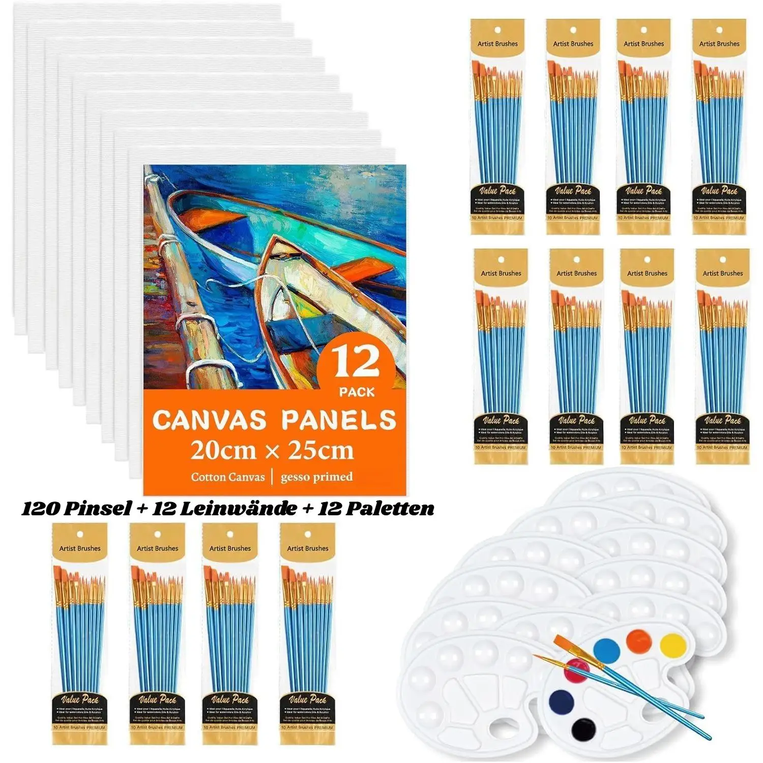 144-Piece Complete Paint by Numbers Set for Adults, 120 Paint Brushes+12 Canvases+12 Palettes, Acrylic Painting Kit for Beginners & Pros