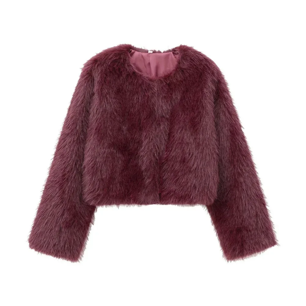 

2025 Autumn Winter New Women Deep Red Round Neck Plush Top Thick Warm Fashion Versatile Elegant Design