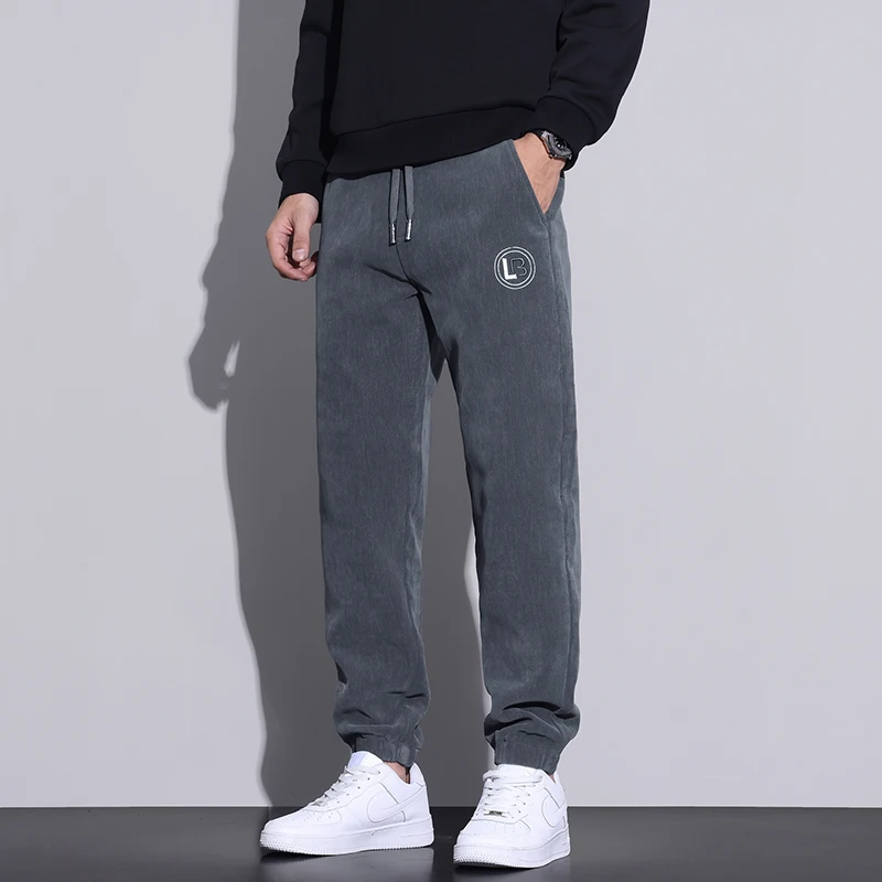 Calça larga de cintura média masculina, calça casual, monocromática, com cordão, streetwear japonês, diária, outono, inverno