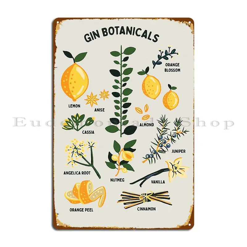 Gin Botanicals naranja limón almendra vainilla canela y más letrero de Metal personaje Bar pared de salón Pub cartel de estaño