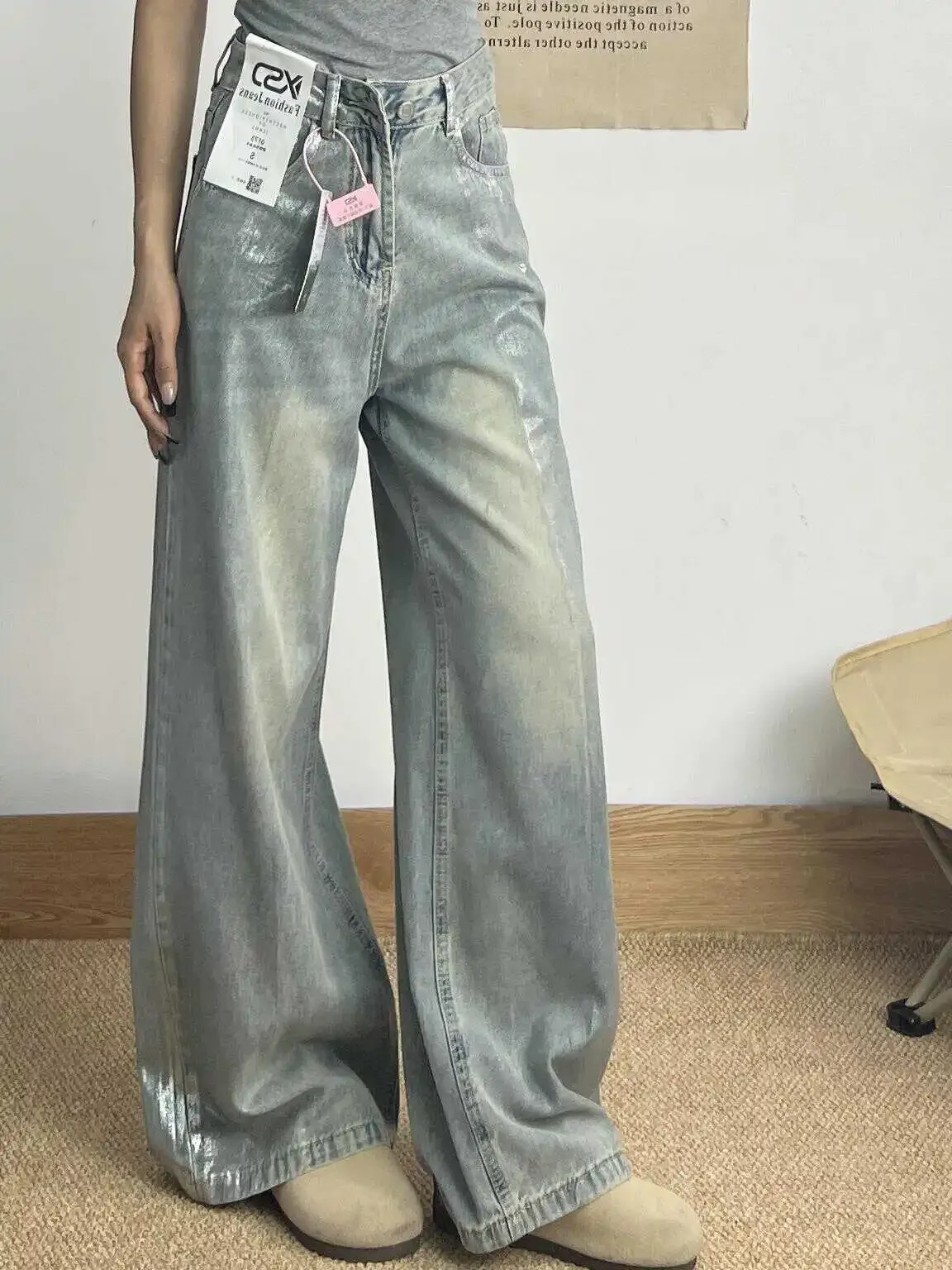 Szare dżinsy damskie 90s Vintage Personality High Waisted Straight Trouser Streetwear Casual Loose Girl Wide Leg Classic Denim Pants