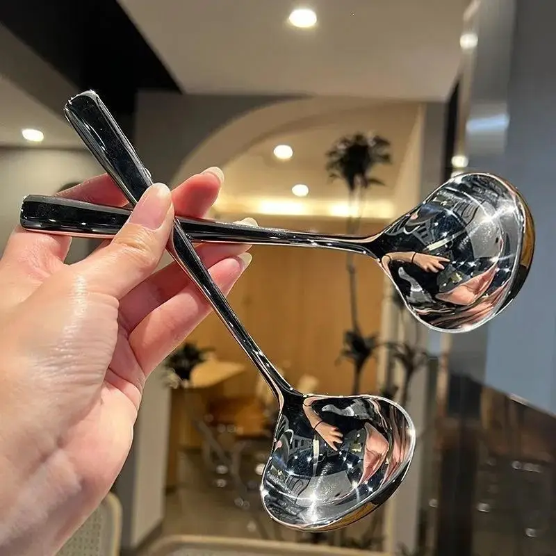 1/2Pcs Stainless Steel Long Handle Soup Spoon, Thickened Kitchen Cooking Utensil With Colander Function, Hot Pot Serving Spoon