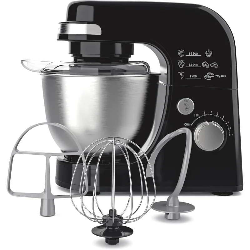 

Electric Stand Mixer, 4 qt, dough hook, flat beater attachment, splatter guard, 7 speeds, with whisk