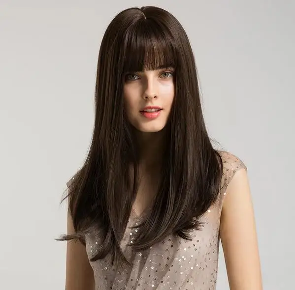 

Black brown long straight banged synthetic wig