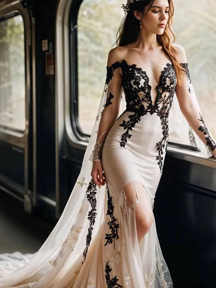 

Classic Gothic Wedding Dresses Lace Sheath/Column Wedding Party Dresses Champagne Off-the-shoulder Batwing Sleeve Wedding Dress