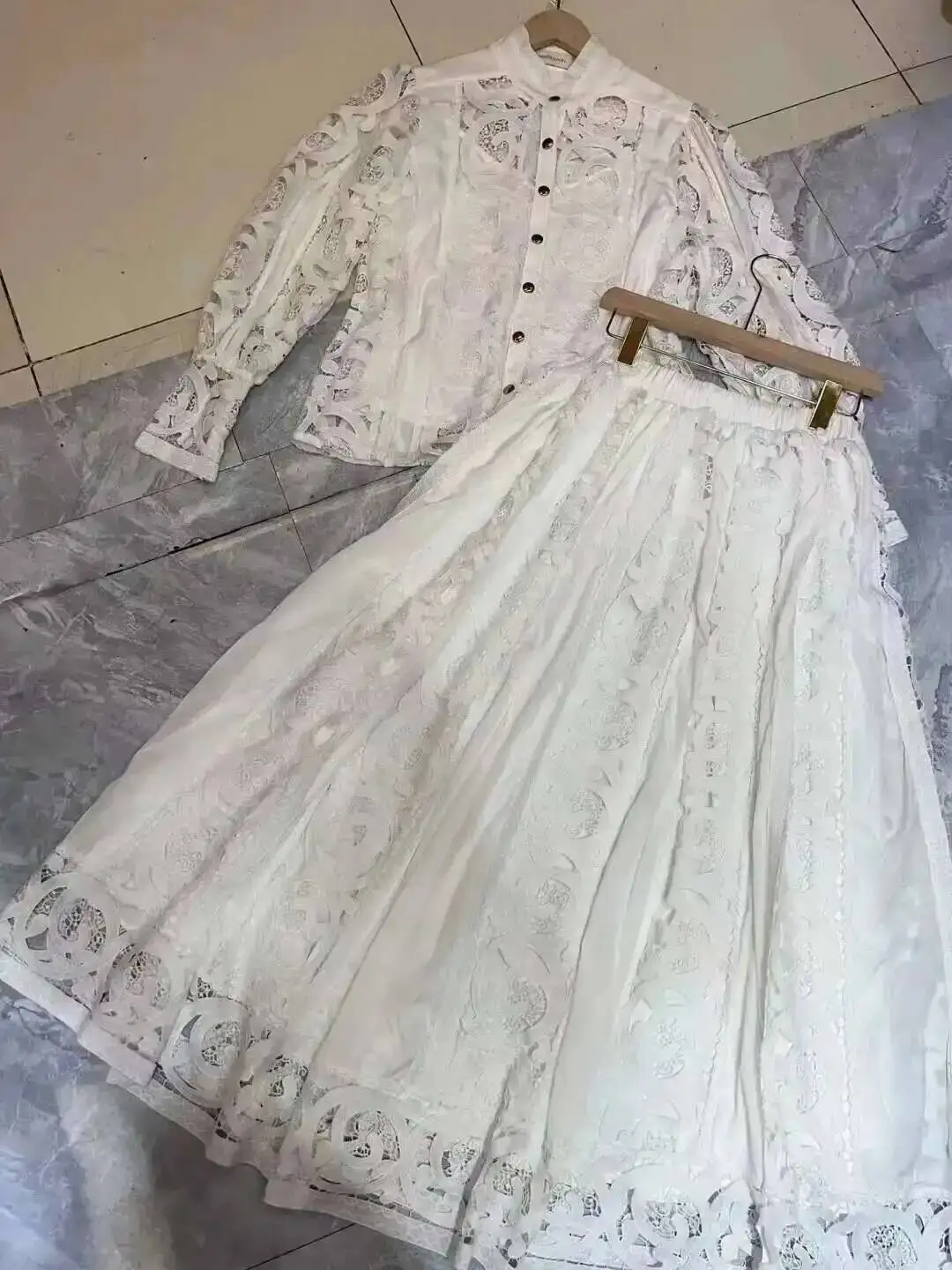 Summer Autumn Flower Embroidery White Lace Two Piece Women Set Shirt Tops And Midi Skirts Suits Fashion Outfits