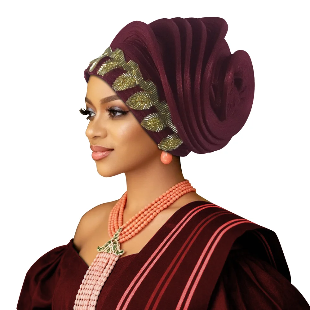 Elastic Ruffle Leaves Diamond African Headtie Turban Cap Lady Head Wraps Nigerian Wedding Auto Gele Party Headpiece Headwear Hat