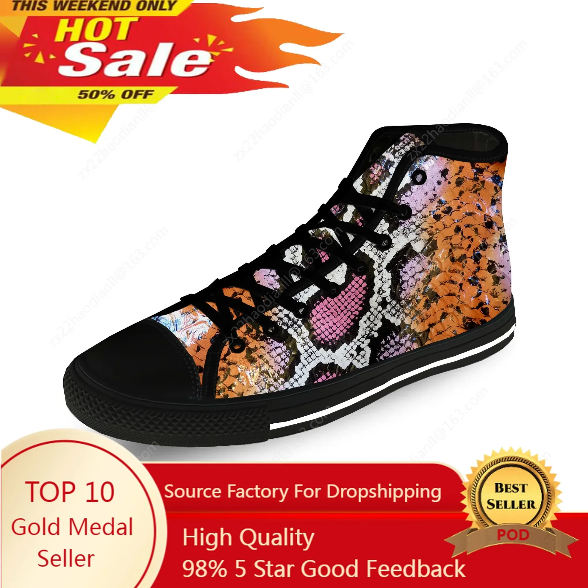Animal Snake Skin Pattern Cool Casual Cloth Fashion 3D Print High Top Canvas Shoes Men Women Lightweight Breathable Sneakers
