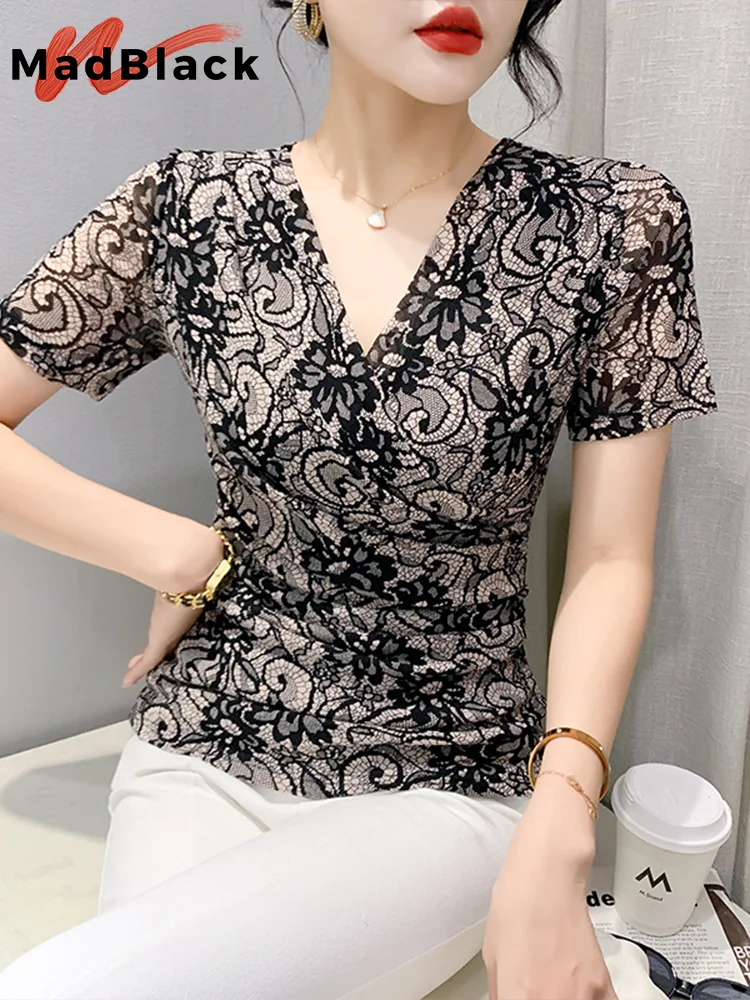 MadBlack Summer European Clothes V Necks T-shirt Women Sexy Floral Slim Double Layer Mesh Tops Short Sleeves Tees New T34871M