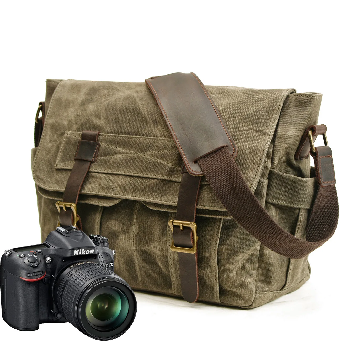 Men's Casual Canvas Camera Bag Waterproof Oil Wax Single Shoulder Travel Bag Leisure Photography Bag with Camera Compartment