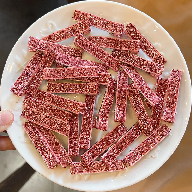 20PCS/Lot, 5CM Pink Glitter Ribbon Lined Partially Alligator Clips Double Prong Hair Clips
