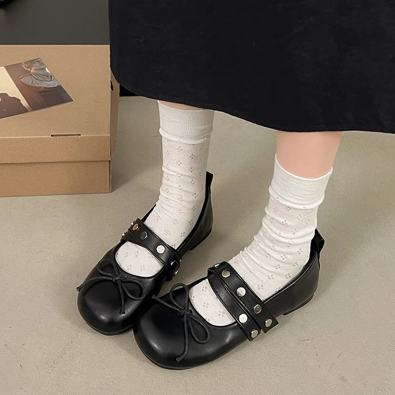 Fashion Pu Leather Women Ballet Flats Footwear Lolita Shoes Luxury Autumn Female Butterfly-Knot Round Toe Ladies Dance Shoes