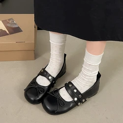 Fashion Pu Leather Women Ballet Flats Footwear Lolita Shoes Luxury Autumn Female Butterfly-Knot Round Toe Ladies Dance Shoes