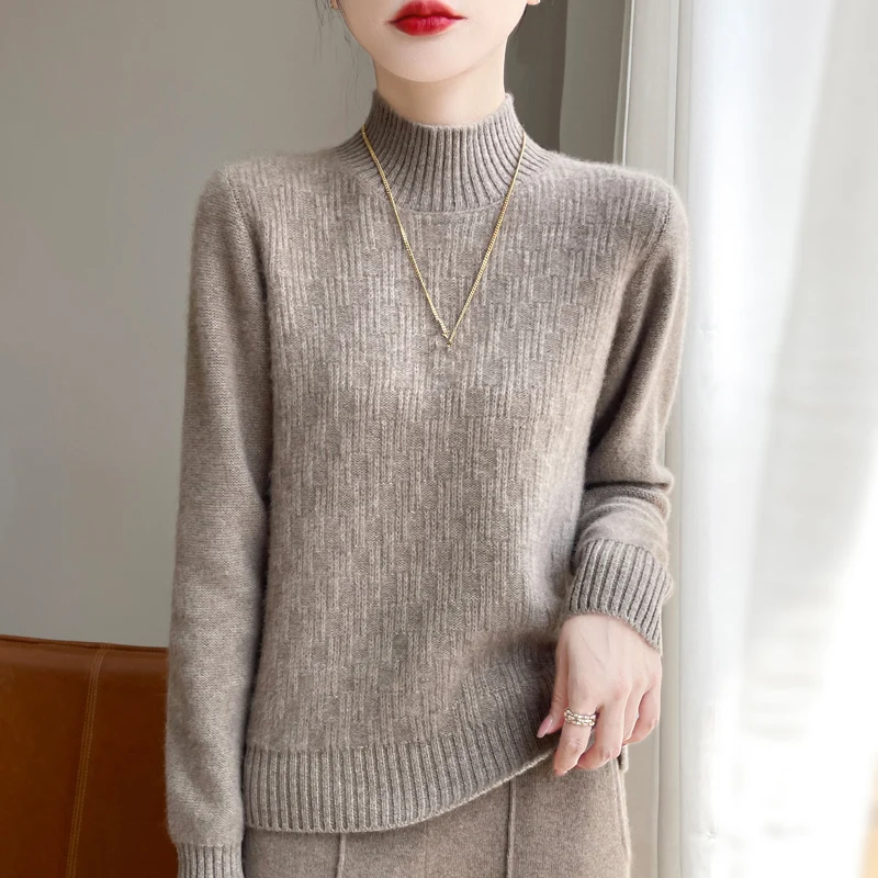 100% Wool Knitted Sweater For Women Winter Mock Neck Stripe Pattern Korea Fashion Pullovers Long Sleeve Slim Casual Jumper Girl